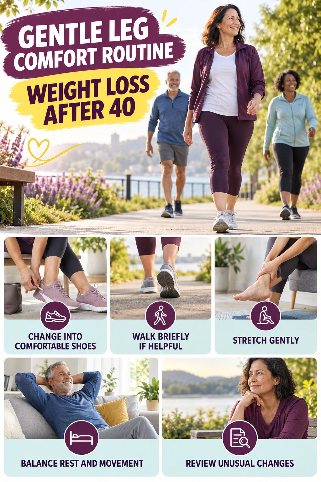 Evening Tired-Leg Routine infographic for Weight Loss After 40 with five gentle movement, position, footwear, recovery, or safety actions.