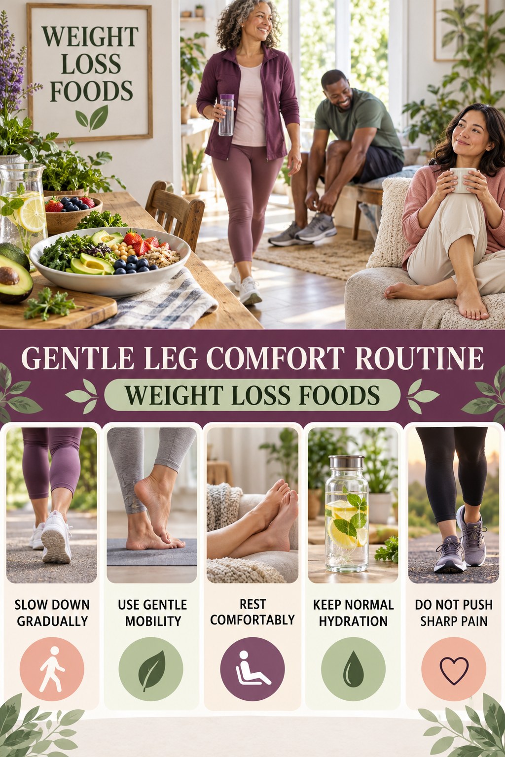 Post-Walk Recovery infographic for Weight Loss Foods with five gentle movement, position, footwear, recovery, or safety actions.