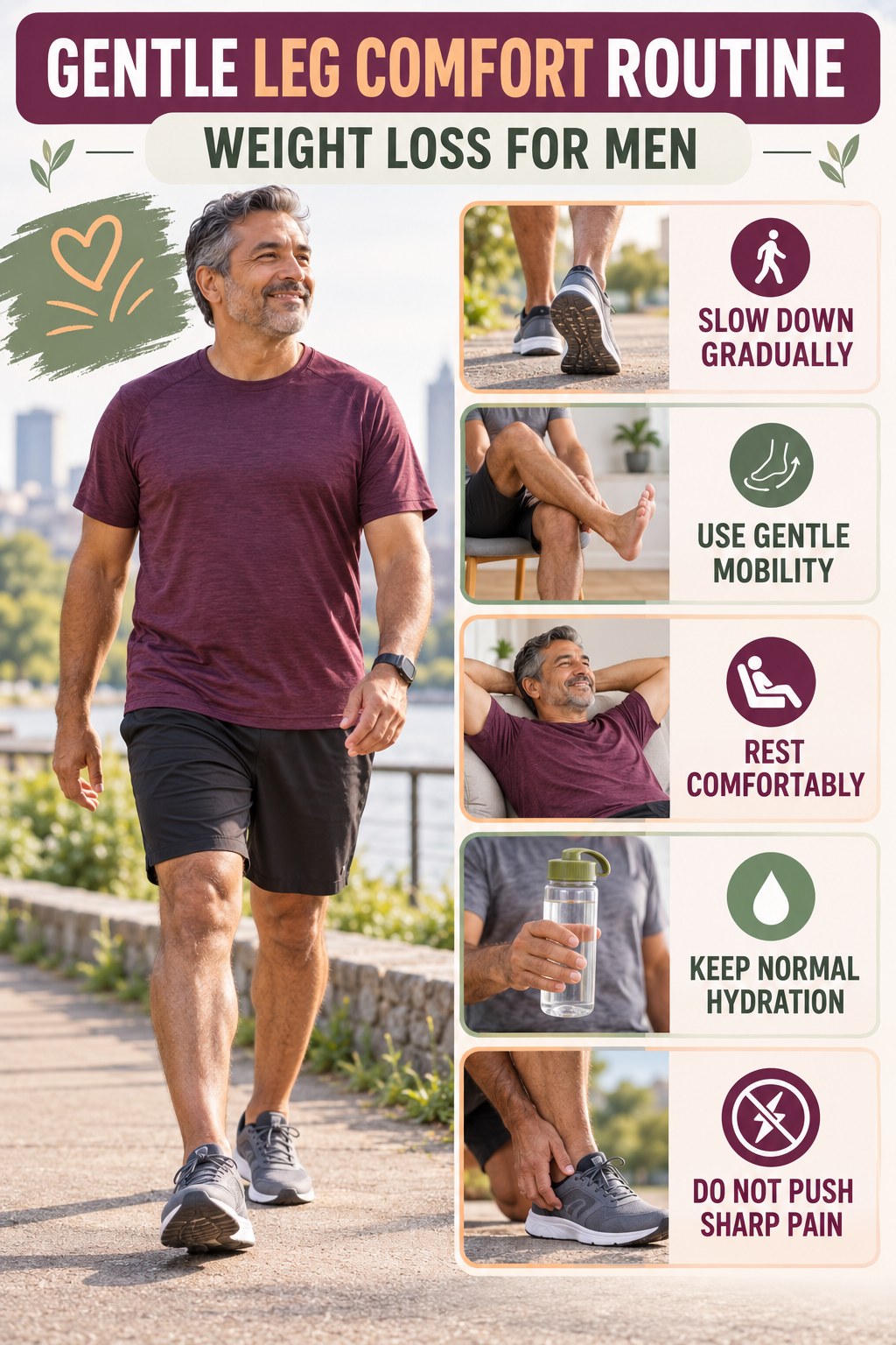 Post-Walk Recovery infographic for Weight Loss for Men with five gentle movement, position, footwear, recovery, or safety actions.