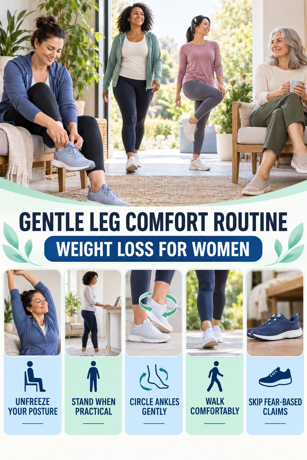 Desk-Day Leg Comfort infographic for Weight Loss for Women with five gentle movement, position, footwear, recovery, or safety actions.