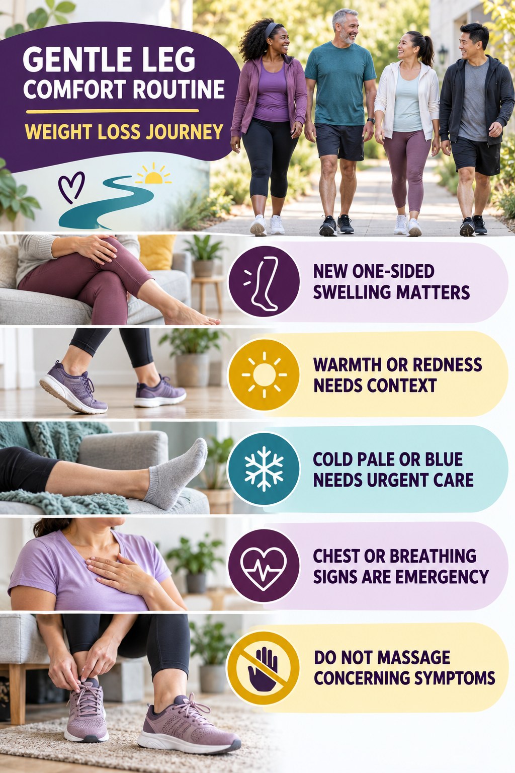 When Leg Symptoms Need More Care infographic for Weight Loss Journey with five gentle movement, position, footwear, recovery, or safety actions.