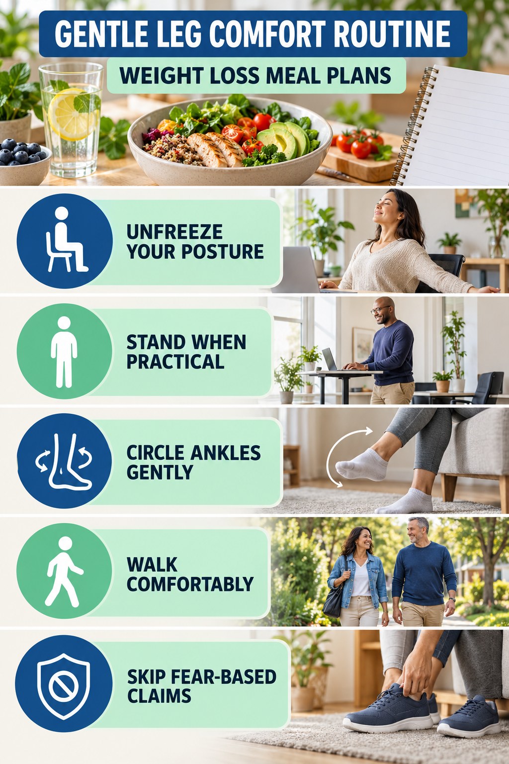 Desk-Day Leg Comfort infographic for Weight Loss Meal Plans with five gentle movement, position, footwear, recovery, or safety actions.