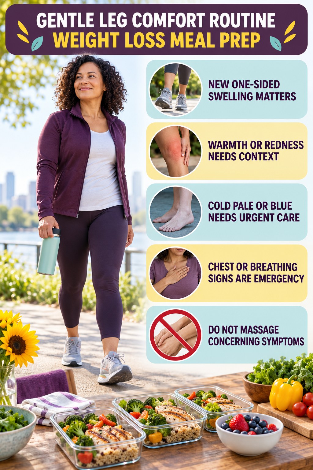 When Leg Symptoms Need More Care infographic for Weight Loss Meal Prep with five gentle movement, position, footwear, recovery, or safety actions.