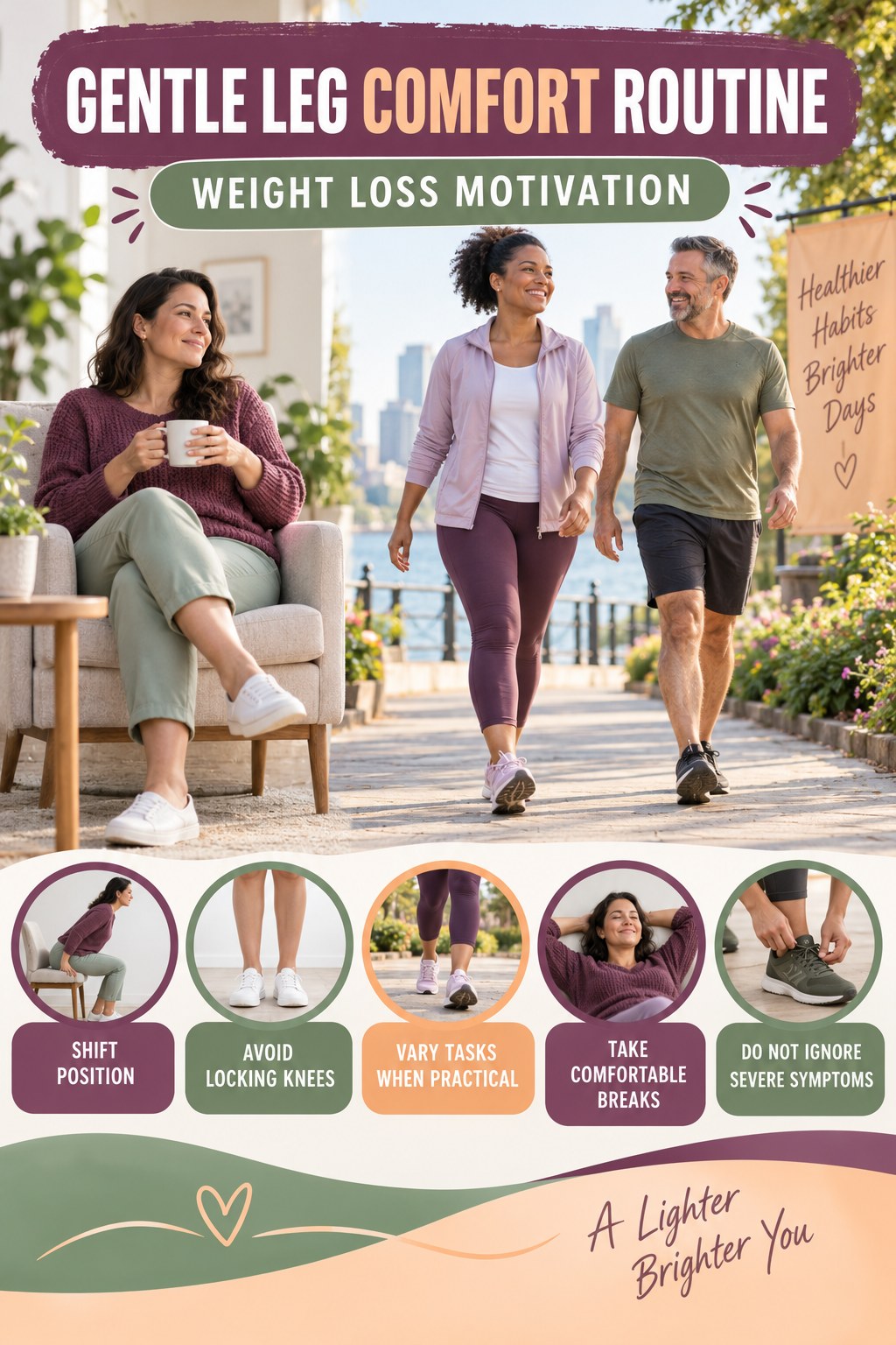 Standing-Work Comfort infographic for Weight Loss Motivation with five gentle movement, position, footwear, recovery, or safety actions.