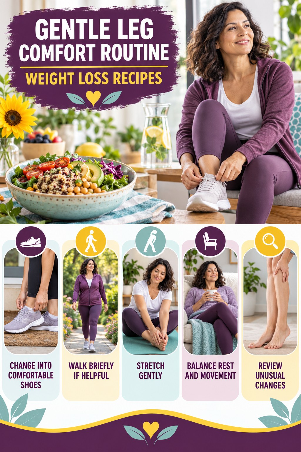 Evening Tired-Leg Routine infographic for Weight Loss Recipes with five gentle movement, position, footwear, recovery, or safety actions.