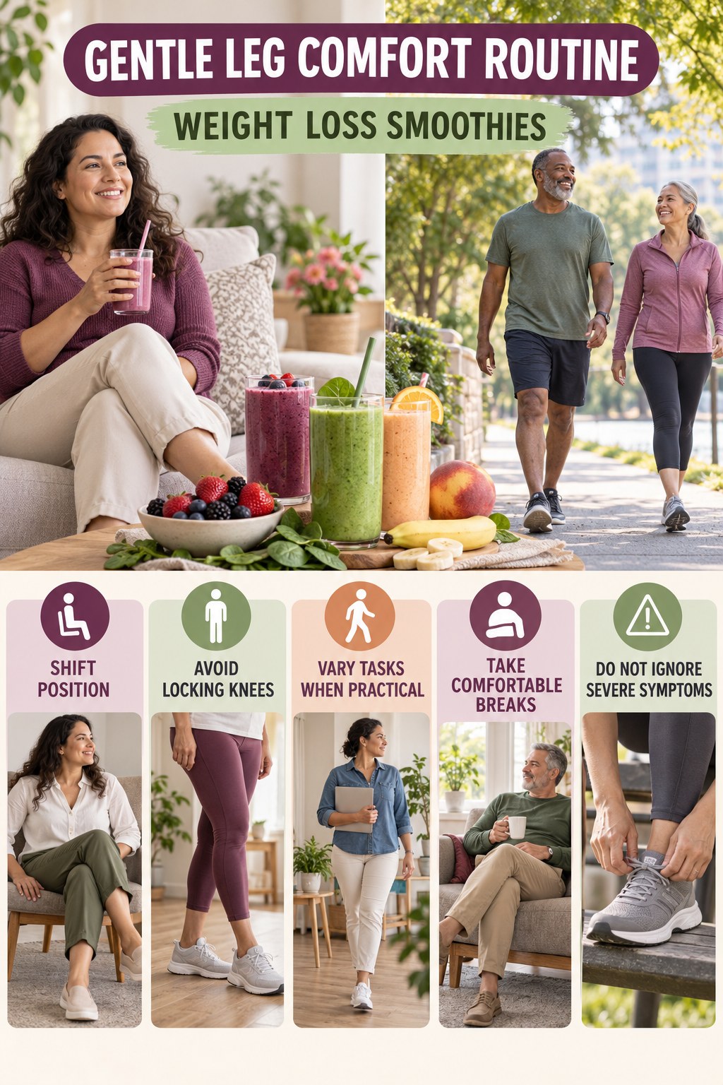Standing-Work Comfort infographic for Weight Loss Smoothies with five gentle movement, position, footwear, recovery, or safety actions.
