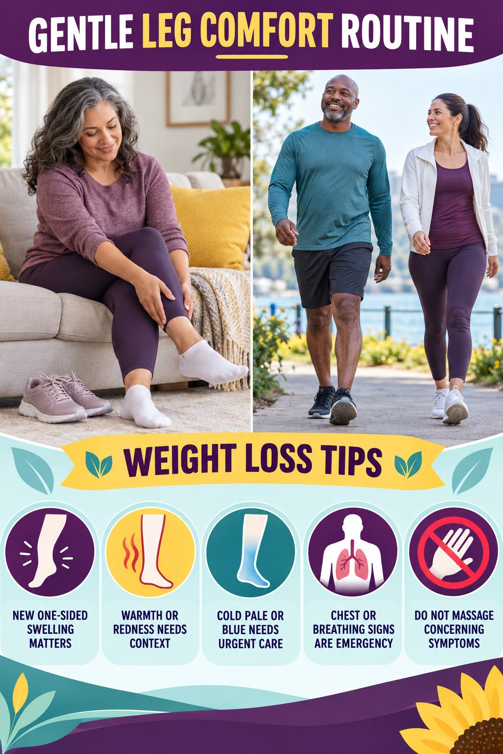 When Leg Symptoms Need More Care infographic for Weight Loss Tips with five gentle movement, position, footwear, recovery, or safety actions.
