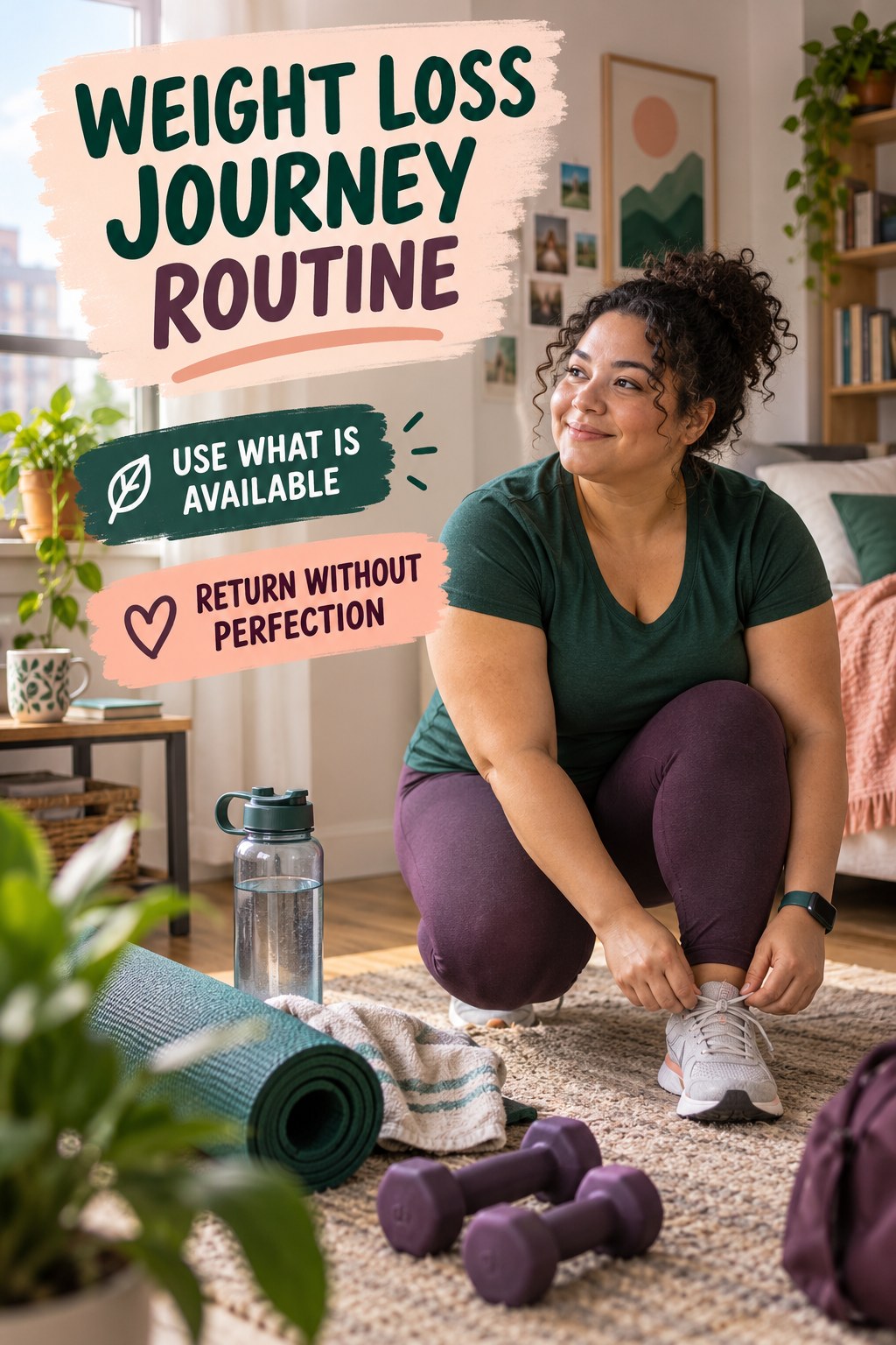 Everyday Wellness Nook for Weight Loss Journey in a practical small apartment, showing a practical, attainable routine with readable guidance.
