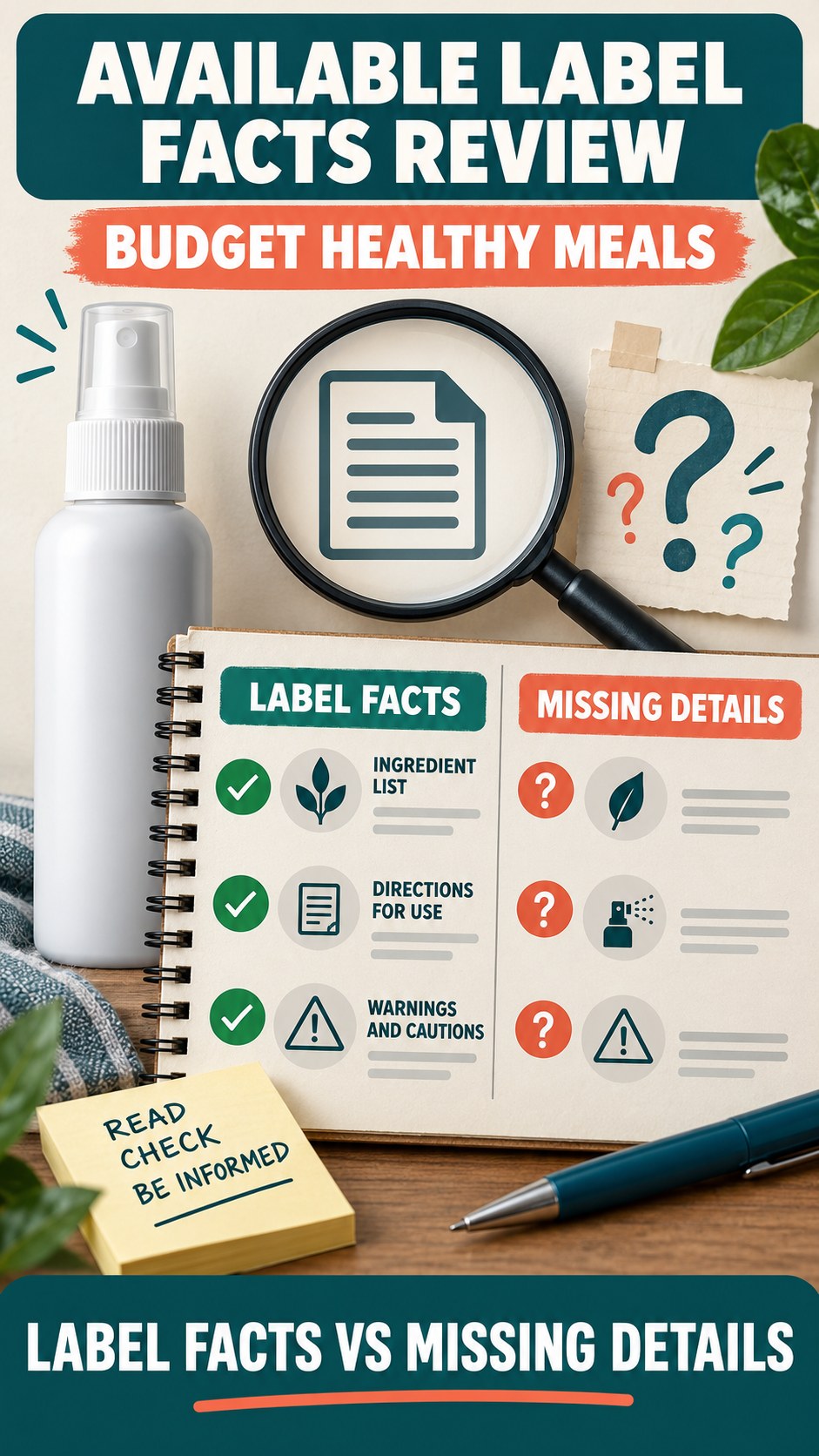 Available Label Facts Review infographic for Budget Healthy Meals, showing a generic spray-label checklist that separates available facts, missing details, and evidence questions.