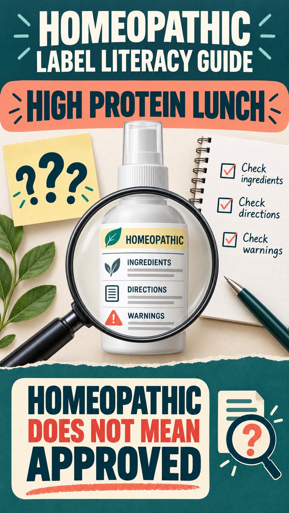 Homeopathic Label Literacy Guide infographic for High Protein Lunch, showing a generic spray-label checklist that separates available facts, missing details, and evidence questions.