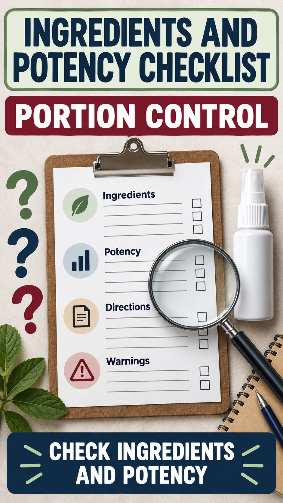 Ingredients and Potency Checklist infographic for Portion Control, showing a generic spray-label checklist that separates available facts, missing details, and evidence questions.