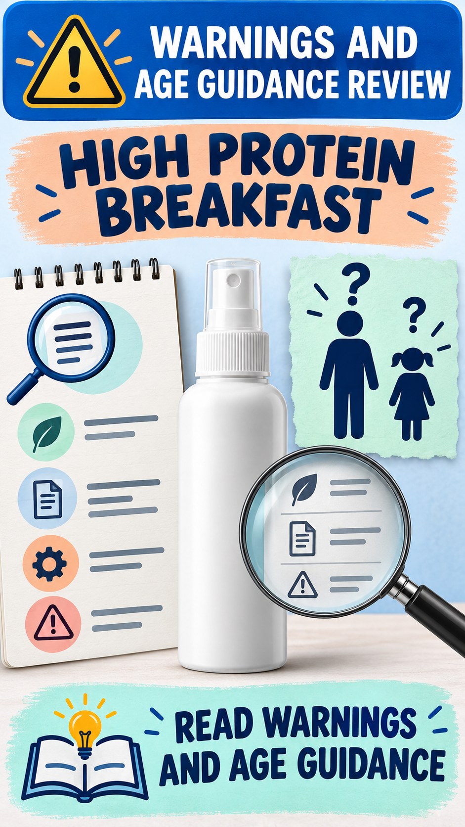 Warnings and Age Guidance Review infographic for High Protein Breakfast, showing a generic spray-label checklist that separates available facts, missing details, and evidence questions.