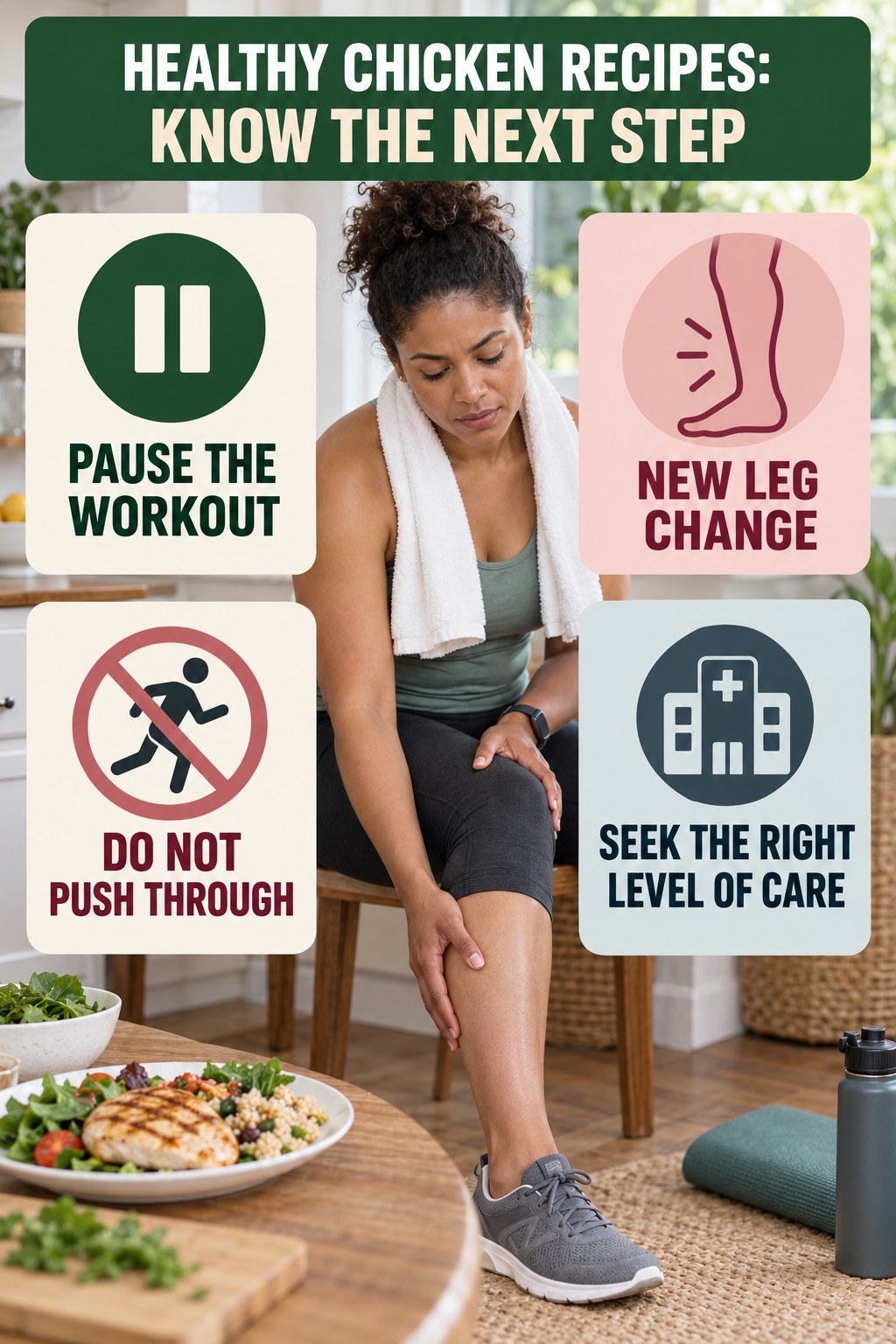 Exercise Pause Signs infographic for Healthy Chicken Recipes, explaining vein-health warning signs and the appropriate next action without diagnosing a condition.