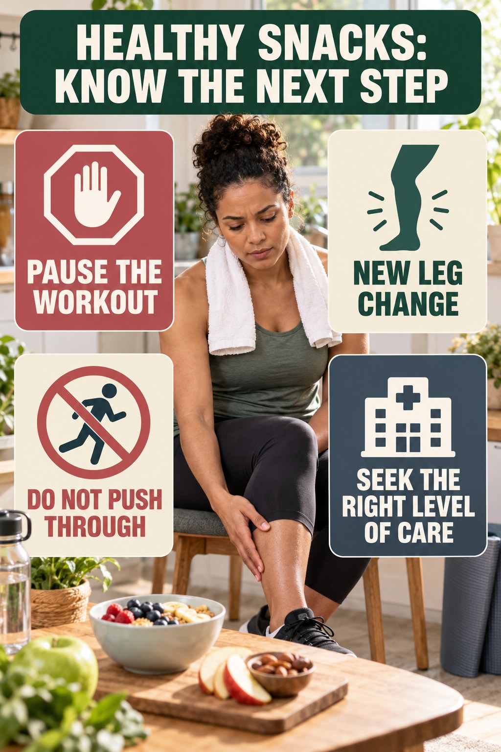 Exercise Pause Signs infographic for Healthy Snacks, explaining vein-health warning signs and the appropriate next action without diagnosing a condition.