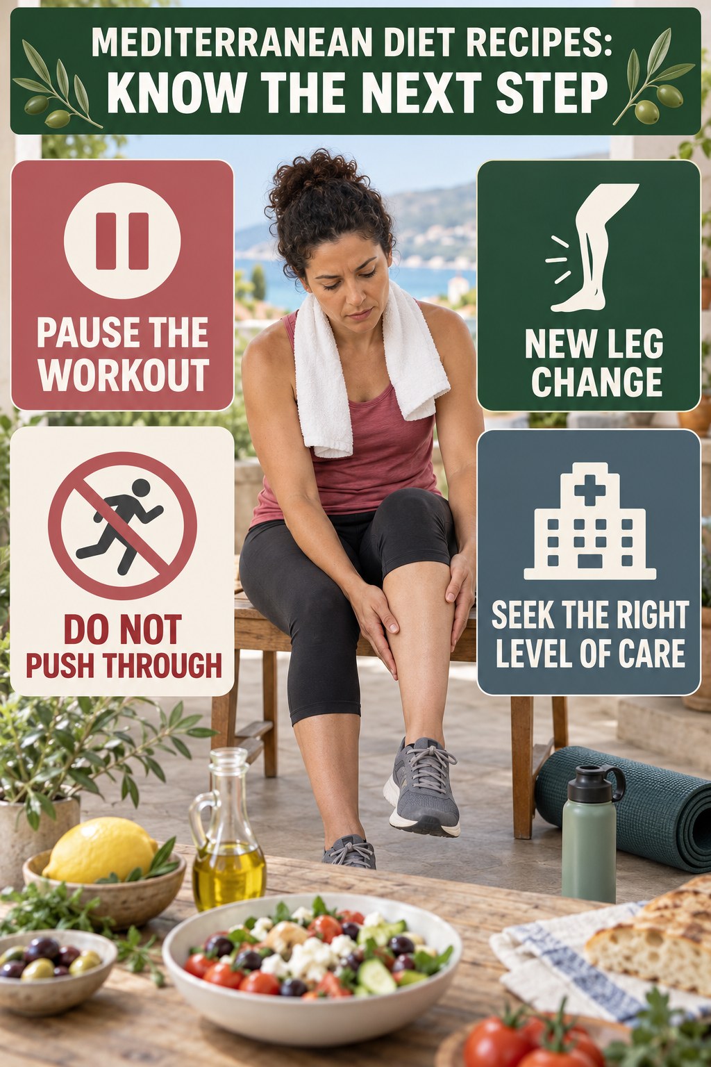 Exercise Pause Signs infographic for Mediterranean Diet Recipes, explaining vein-health warning signs and the appropriate next action without diagnosing a condition.