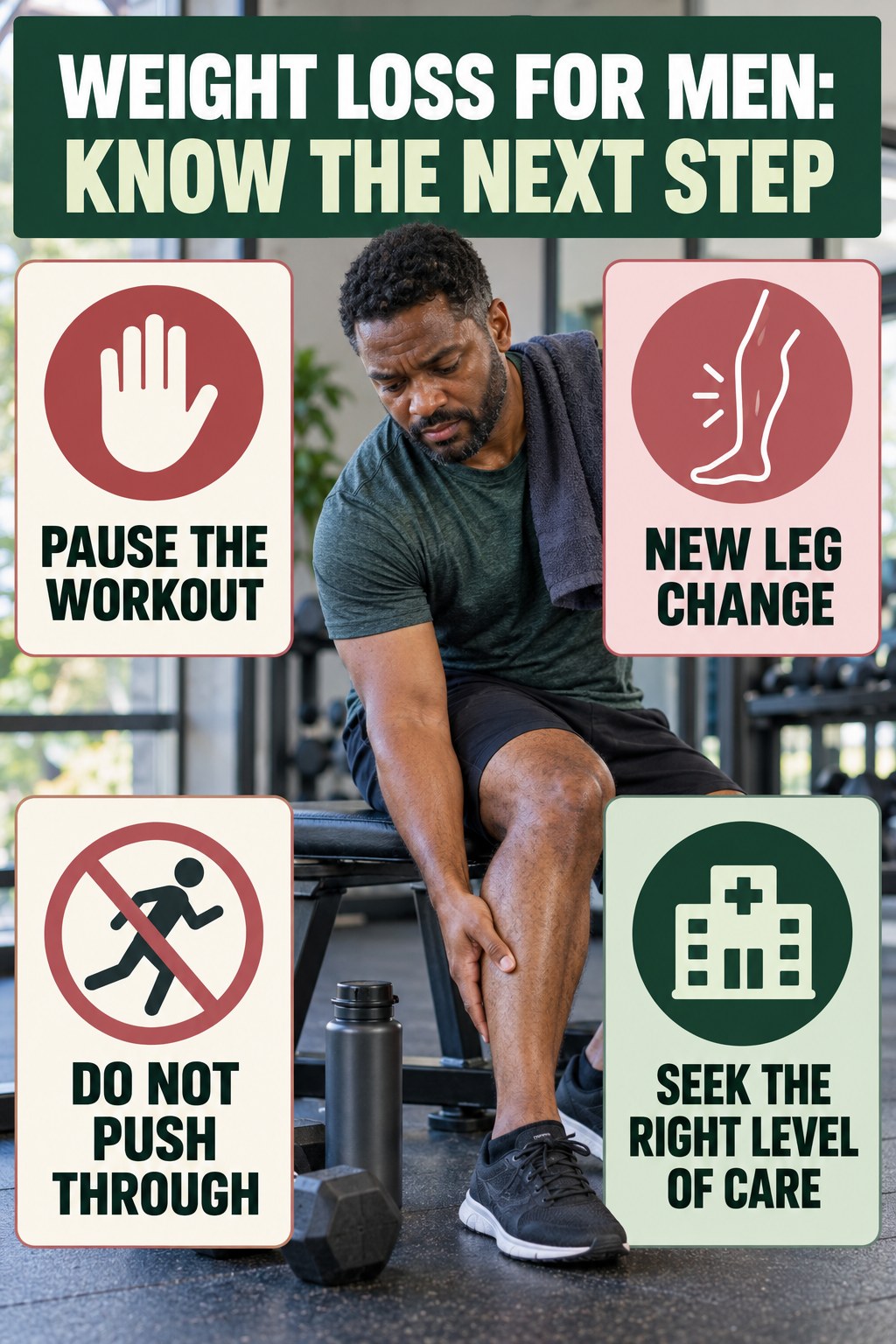 Exercise Pause Signs infographic for Weight Loss for Men, explaining vein-health warning signs and the appropriate next action without diagnosing a condition.