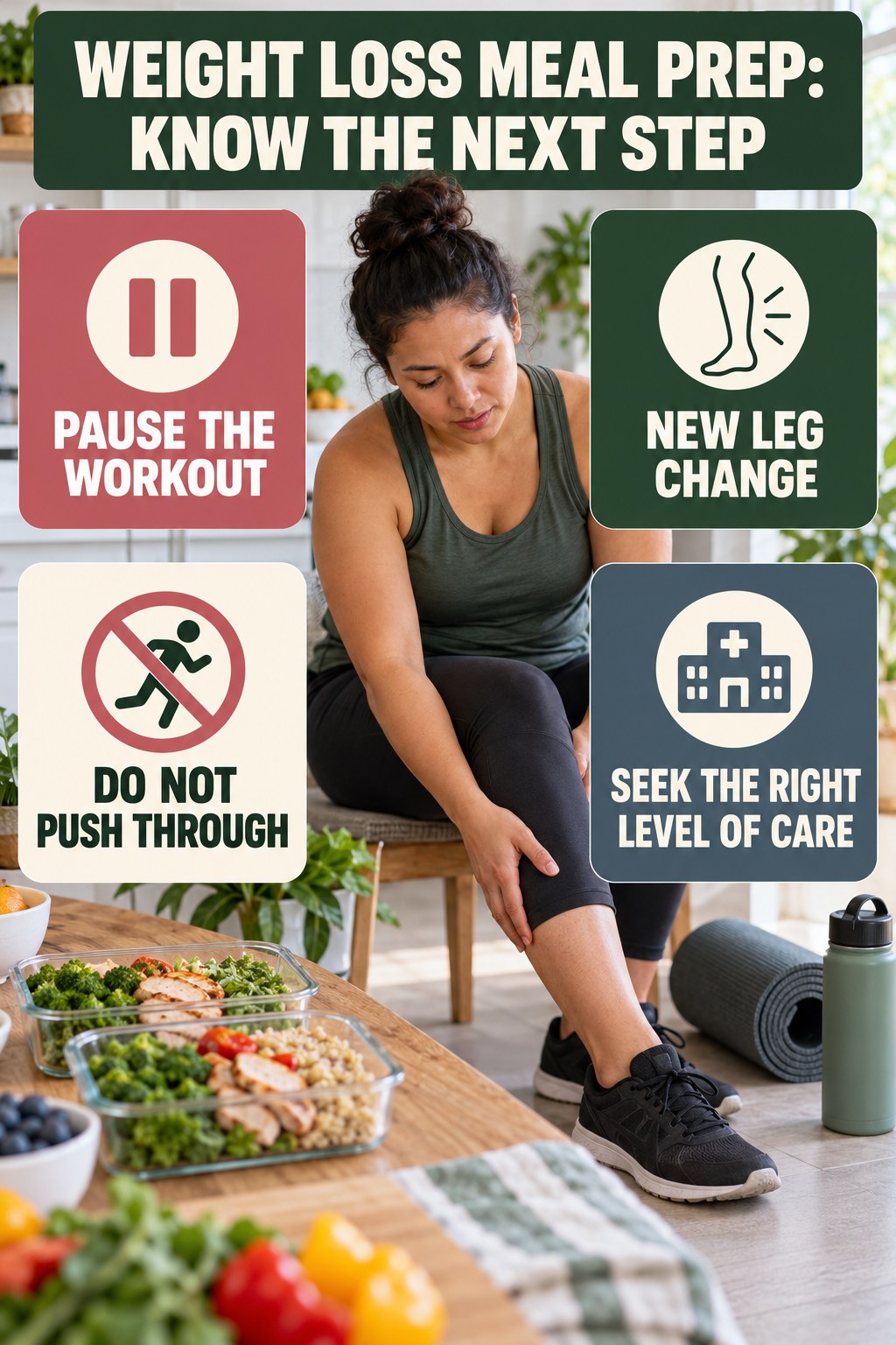 Exercise Pause Signs infographic for Weight Loss Meal Prep, explaining vein-health warning signs and the appropriate next action without diagnosing a condition.