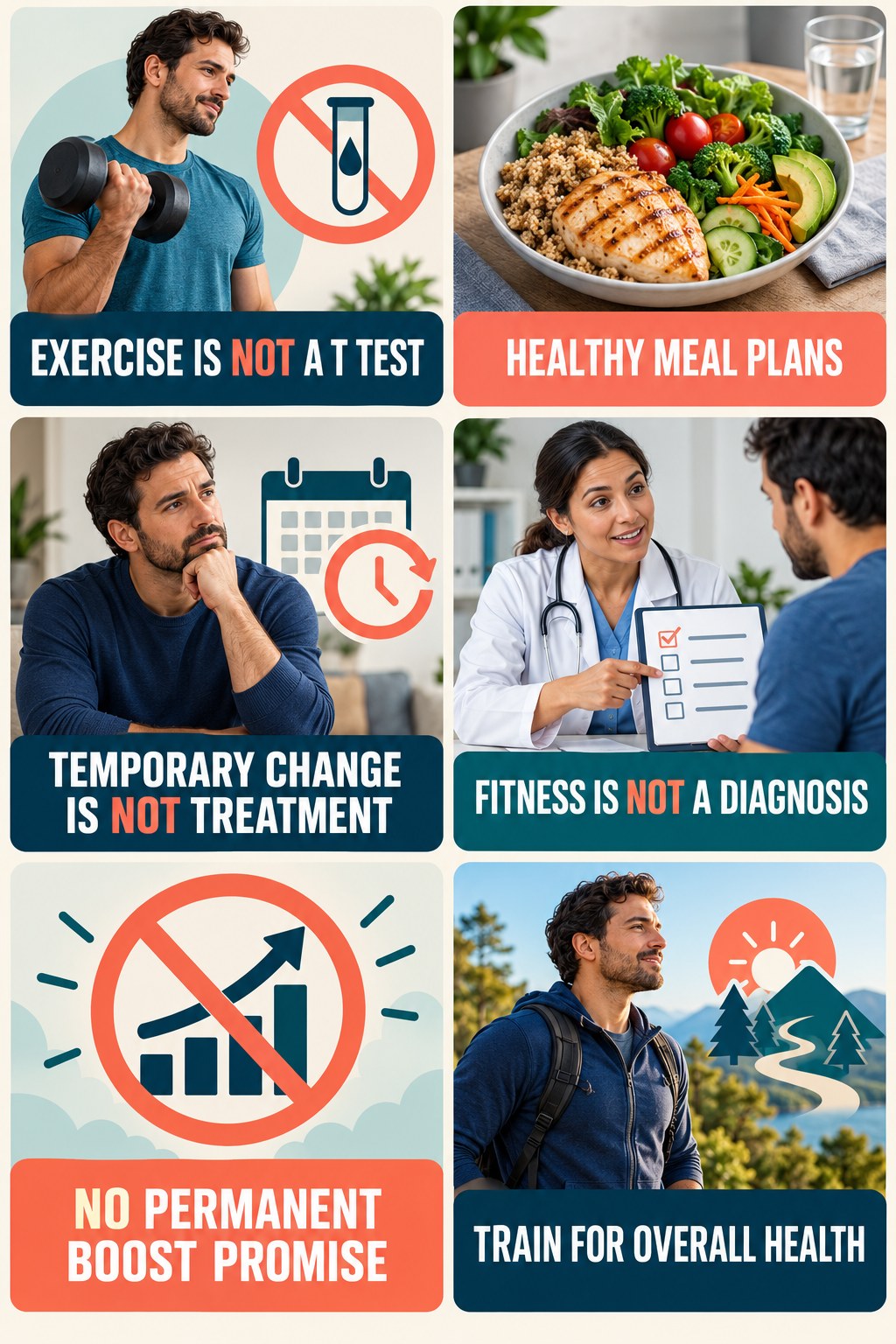 Exercise Supports Health, Not Diagnosis testosterone-health-awareness infographic for Healthy Meal Plans with four concise educational checks.