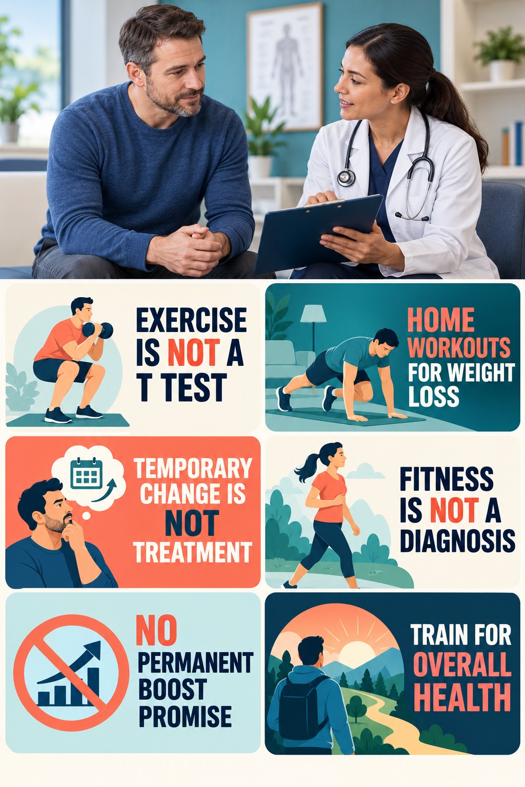 Exercise Supports Health, Not Diagnosis testosterone-health-awareness infographic for Home Workouts for Weight Loss with four concise educational checks.