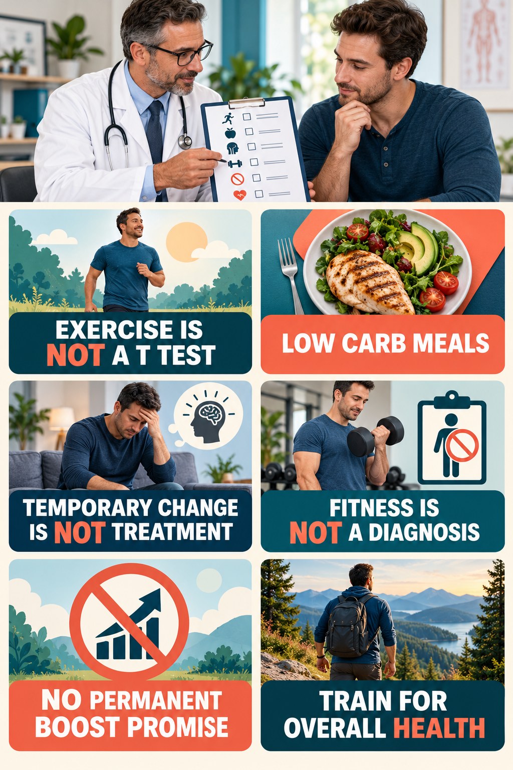 Exercise Supports Health, Not Diagnosis testosterone-health-awareness infographic for Low Carb Meals with four concise educational checks.