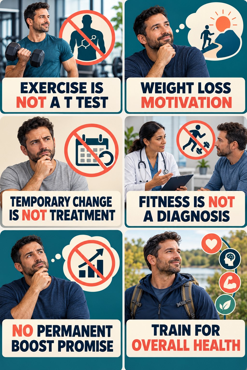 Exercise Supports Health, Not Diagnosis testosterone-health-awareness infographic for Weight Loss Motivation with four concise educational checks.