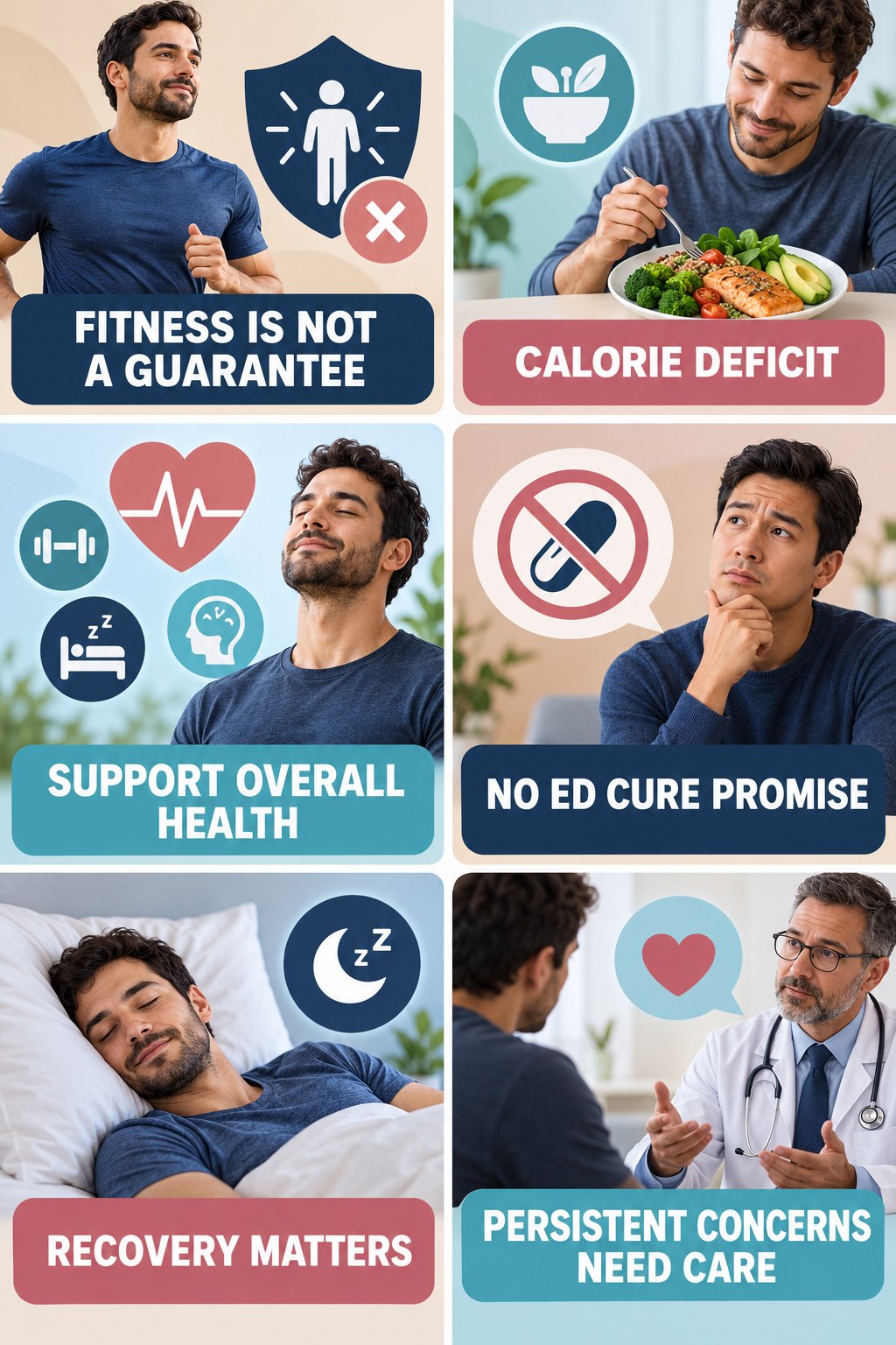 Exercise Supports Health Without Guaranteeing Sexual Results infographic for Calorie Deficit with four concise, non-shaming sexual-health education points.