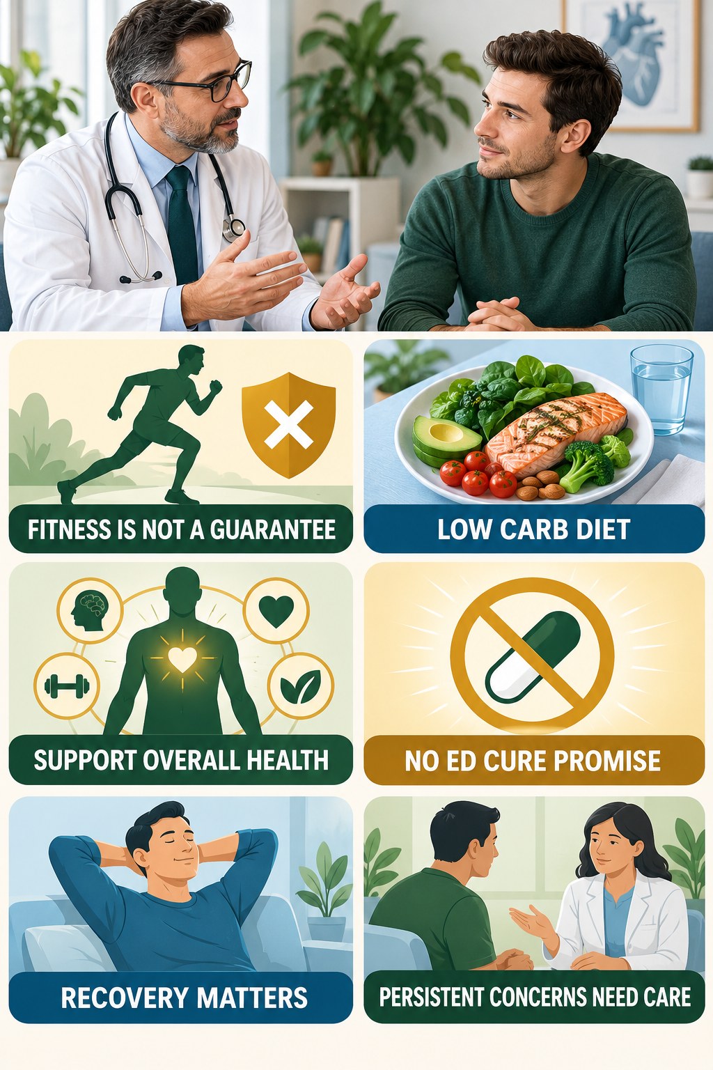 Exercise Supports Health Without Guaranteeing Sexual Results infographic for Low Carb Diet with four concise, non-shaming sexual-health education points.