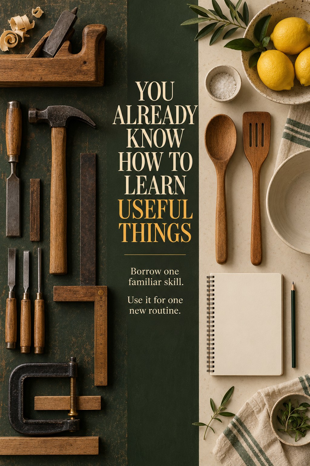 Woodworking tools beside kitchen utensils and a blank notebook with encouragement to use familiar skills in a new routine.