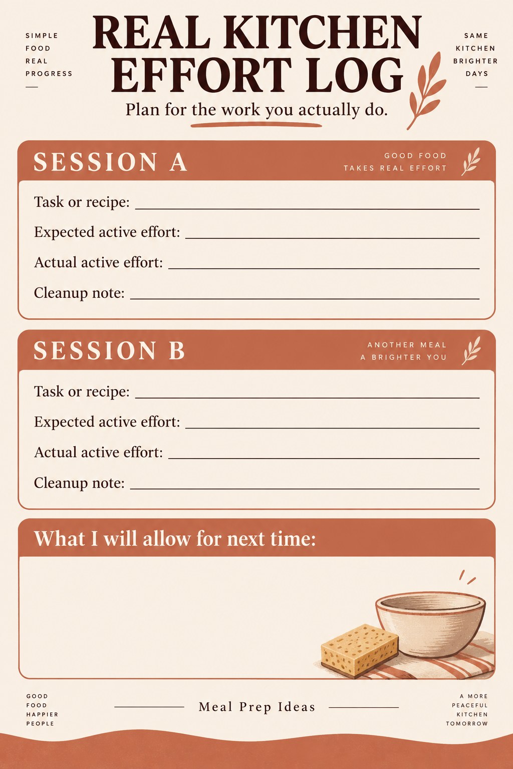 Two blank meal prep session cards for expected effort, actual effort, and cleanup observations