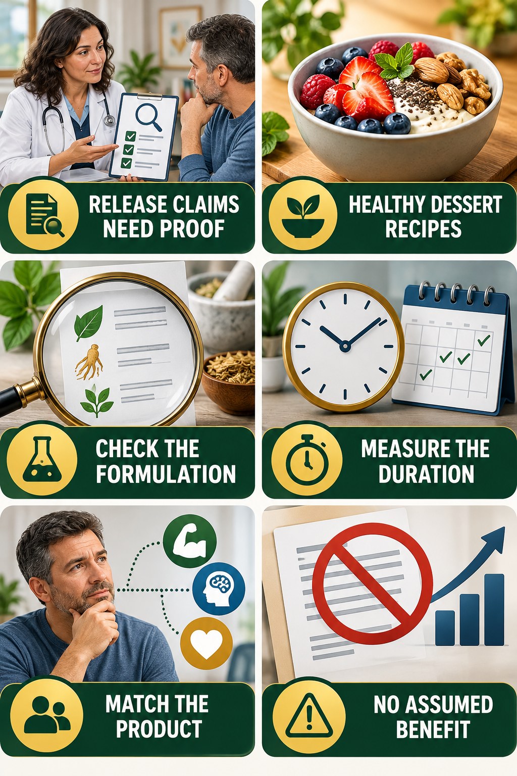 Extended Release Needs Product-Specific Evidence evidence-literacy infographic for Healthy Dessert Recipes with four concise claim-evaluation checks.