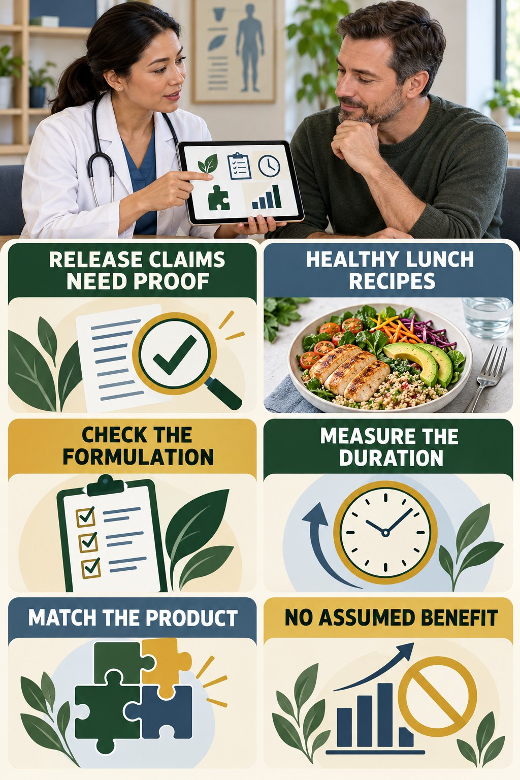 Extended Release Needs Product-Specific Evidence evidence-literacy infographic for Healthy Lunch Recipes with four concise claim-evaluation checks.