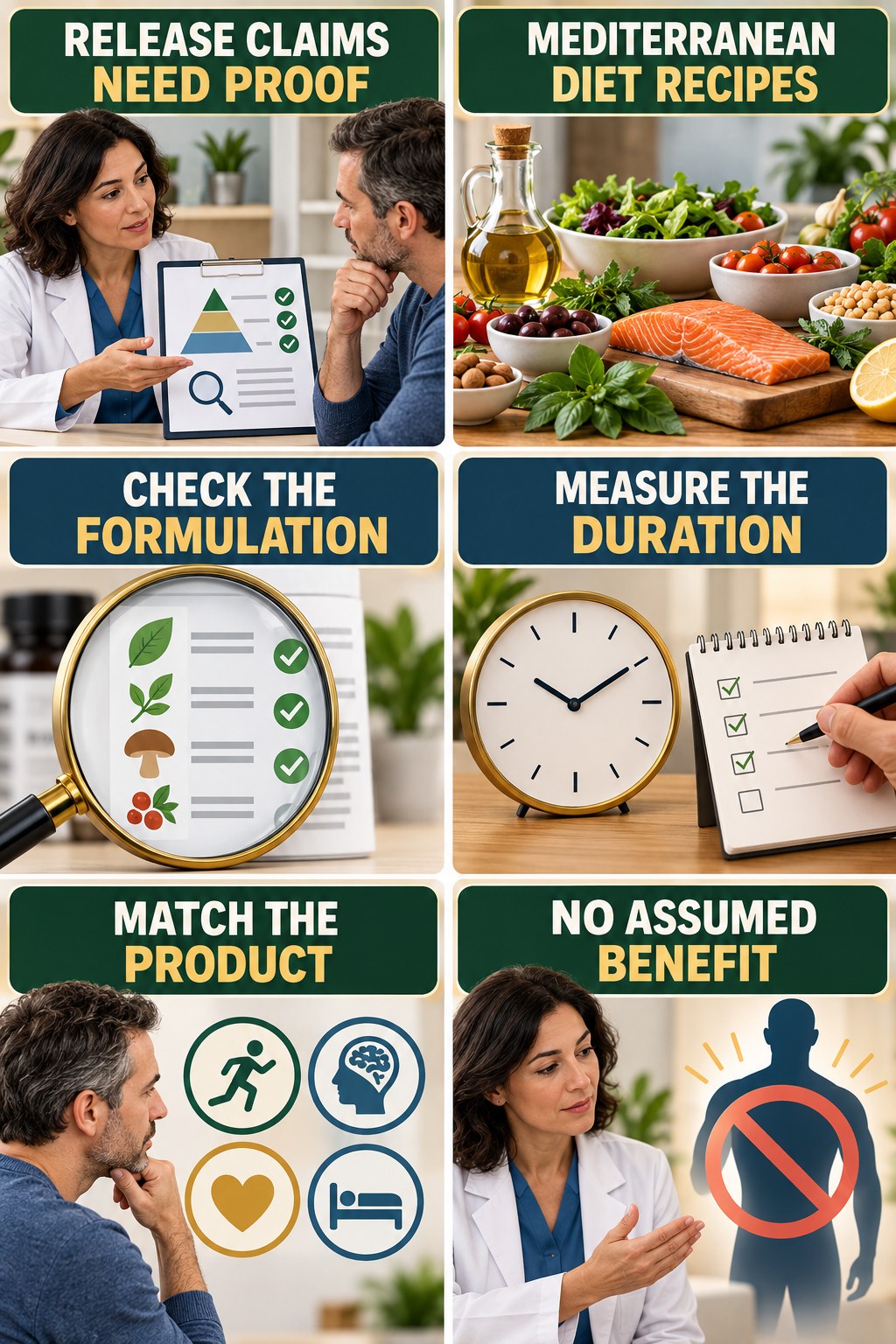 Extended Release Needs Product-Specific Evidence evidence-literacy infographic for Mediterranean Diet Recipes with four concise claim-evaluation checks.