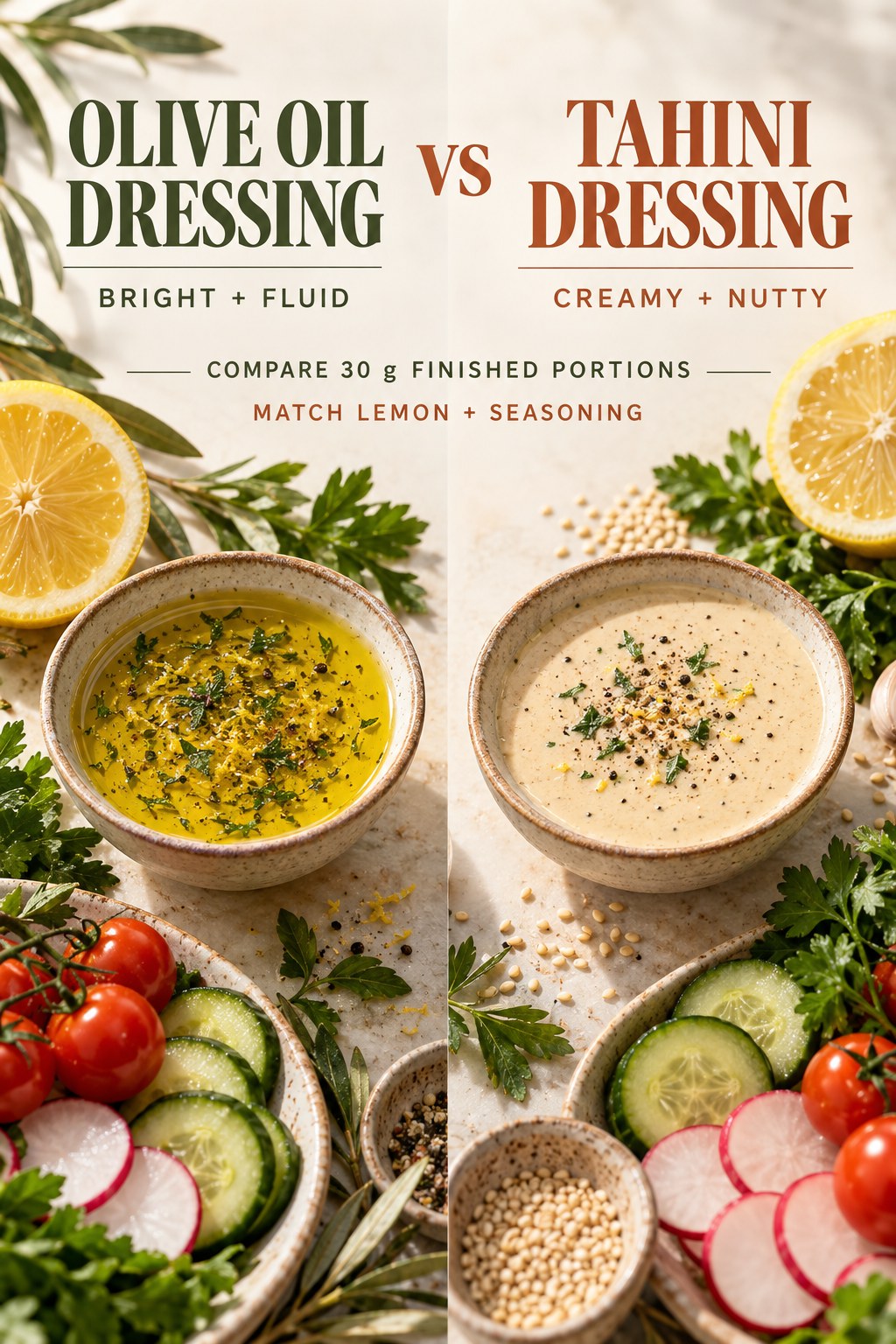 Olive oil lemon dressing and creamy tahini lemon dressing in equal small bowls beside matching vegetables.