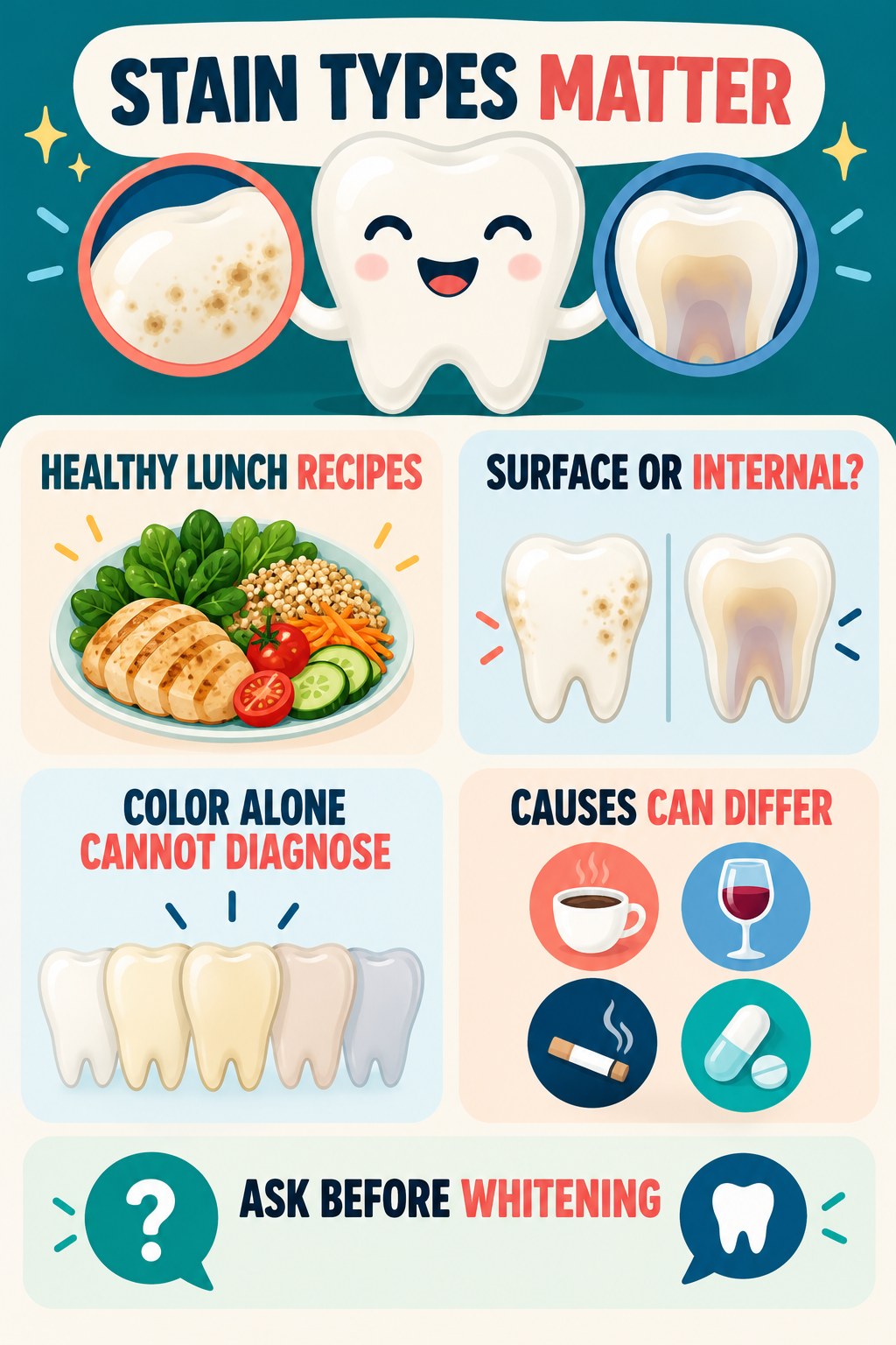 Extrinsic Versus Intrinsic Tooth Discoloration infographic for Healthy Lunch Recipes with four concise tooth-discoloration safety points.