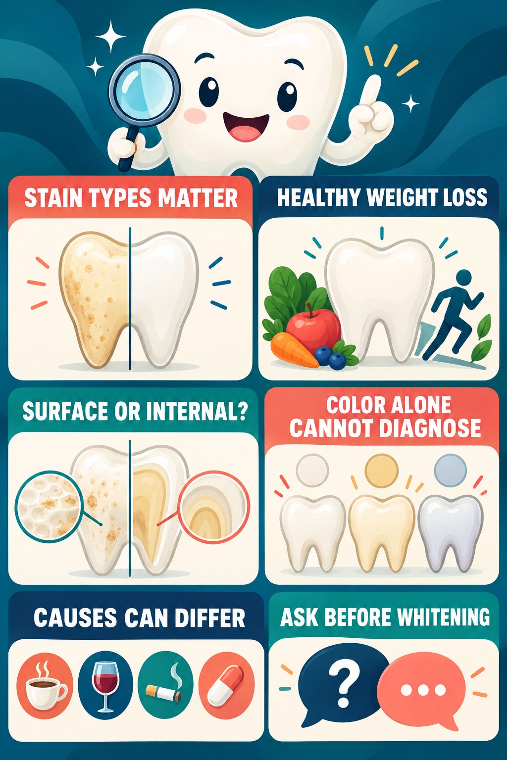 Extrinsic Versus Intrinsic Tooth Discoloration infographic for Healthy Weight Loss with four concise tooth-discoloration safety points.