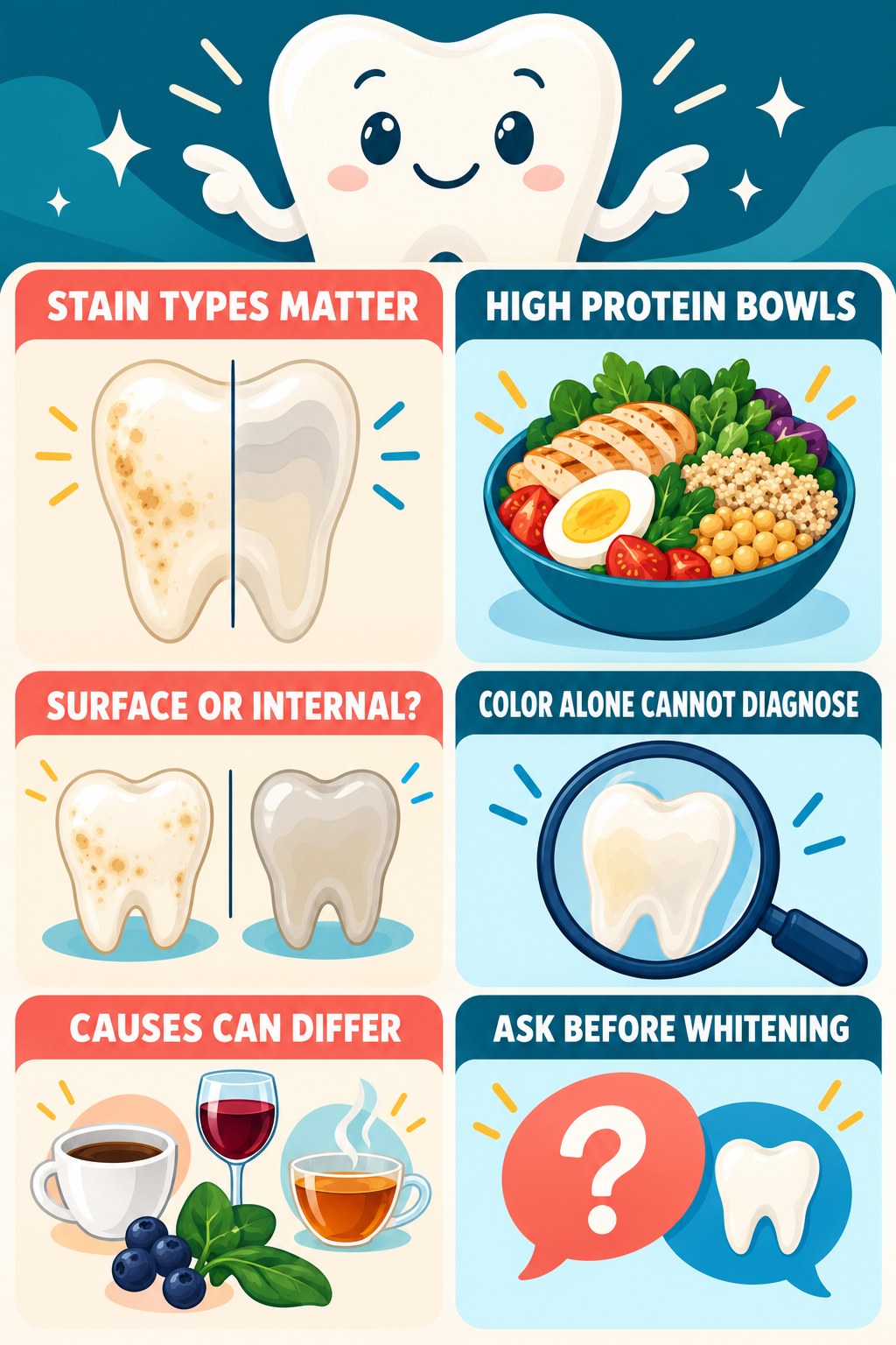 Extrinsic Versus Intrinsic Tooth Discoloration infographic for High Protein Bowls with four concise tooth-discoloration safety points.