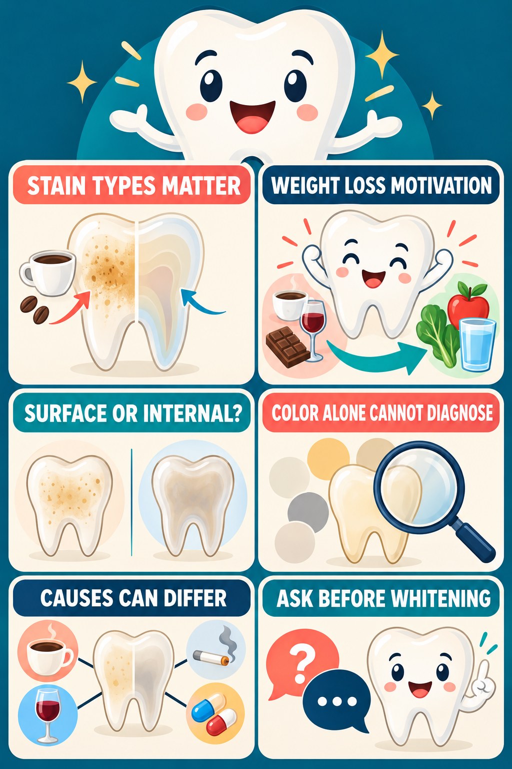 Extrinsic Versus Intrinsic Tooth Discoloration infographic for Weight Loss Motivation with four concise tooth-discoloration safety points.