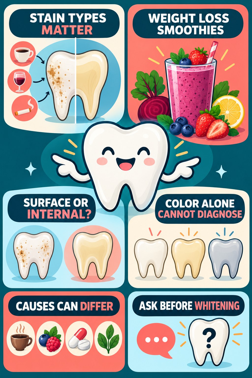 Extrinsic Versus Intrinsic Tooth Discoloration infographic for Weight Loss Smoothies with four concise tooth-discoloration safety points.