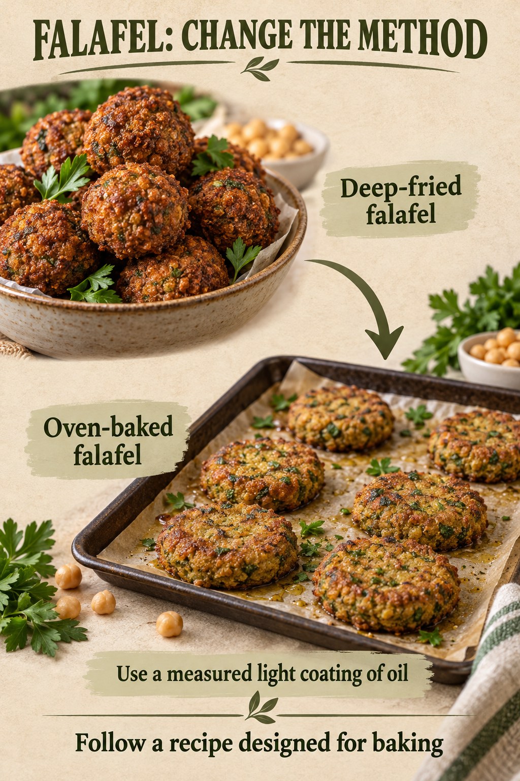 Deep-fried falafel compared with oven-baked falafel patties on a tray with a measured-oil preparation reminder.