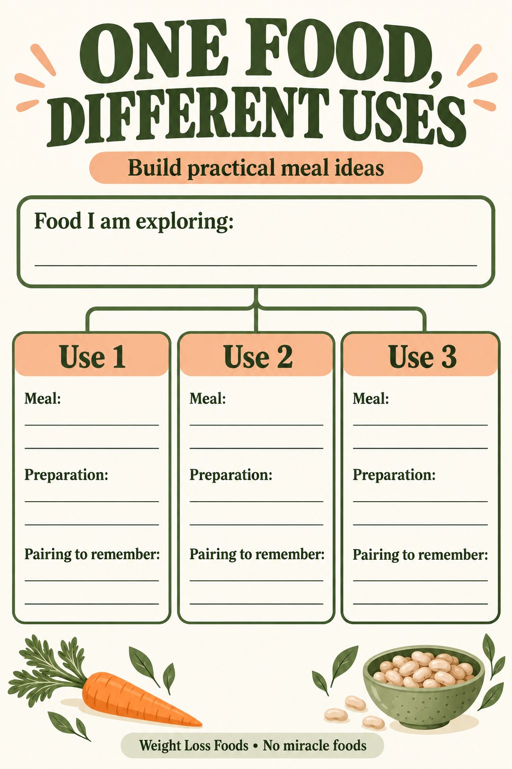 Blank ingredient map with a central food field and three meal-use cards