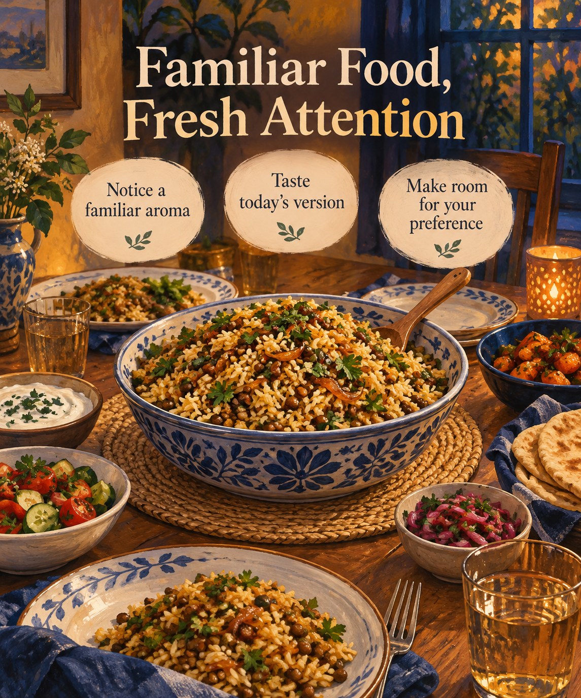 A family-style rice and lentil dish with the headline Familiar Food, Fresh Attention.