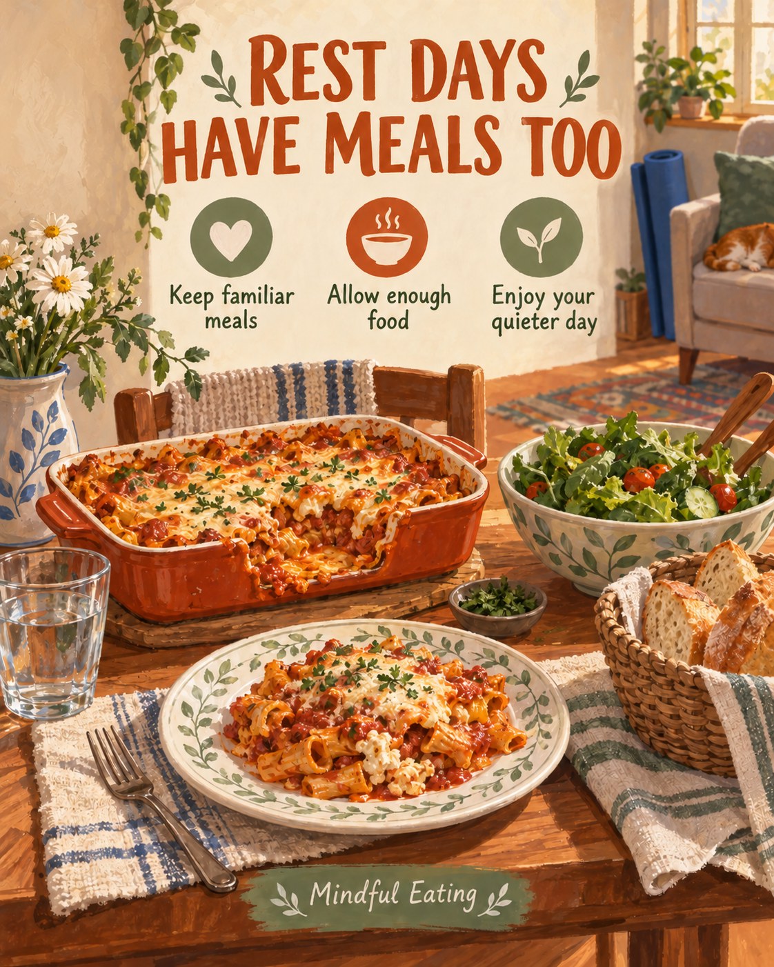 Baked pasta, salad and bread at a comfortable Sunday table with a folded exercise mat nearby.