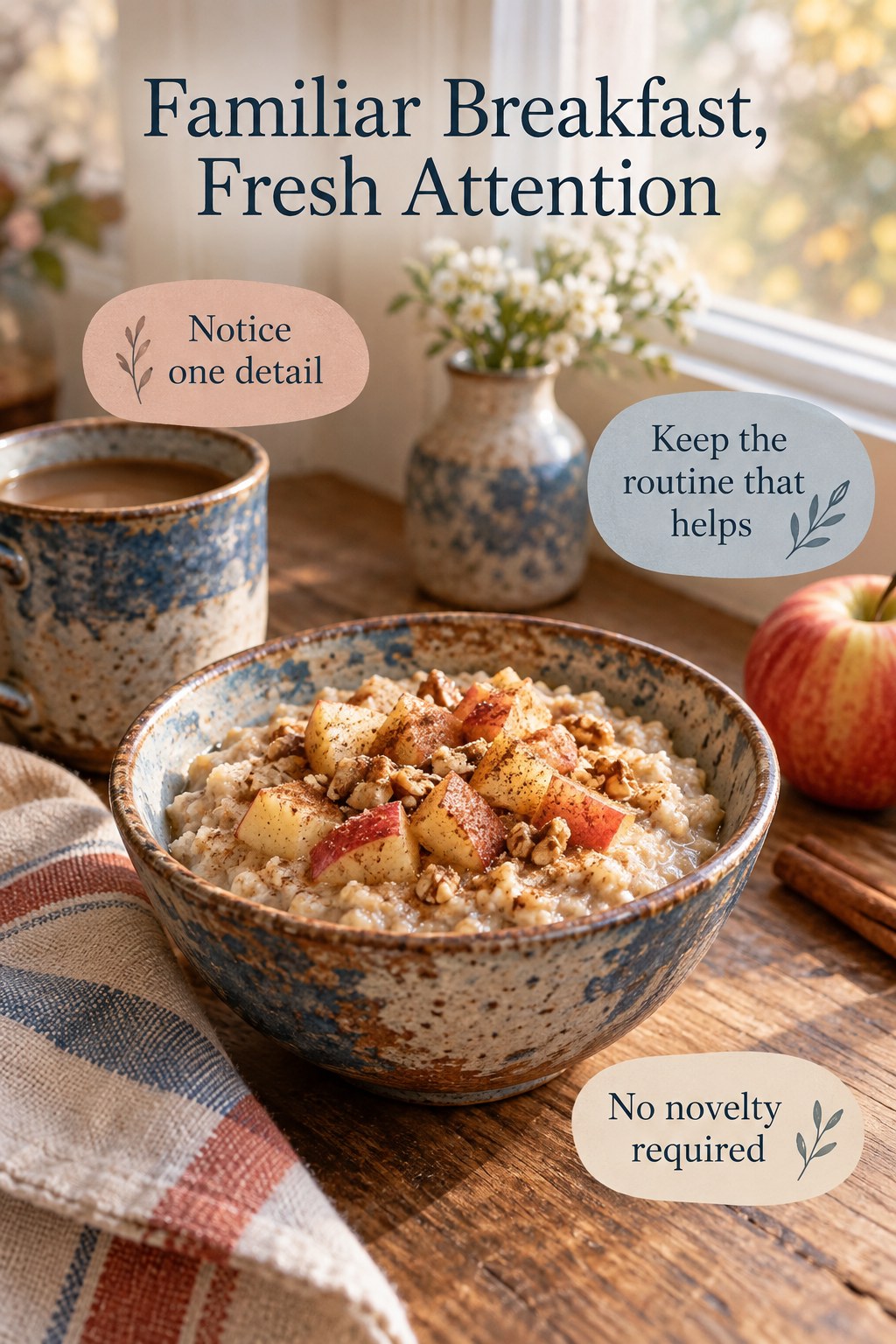 Apple and cinnamon oatmeal in a familiar bowl with a headline inviting fresh attention to a repeated breakfast.