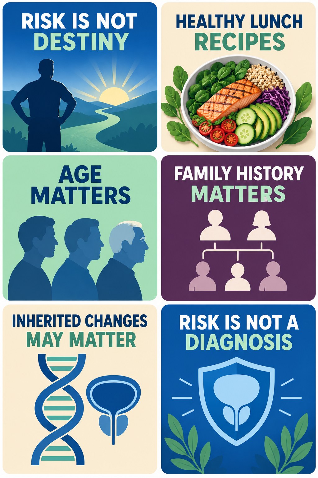 Family History and Risk Without Destiny infographic for Healthy Lunch Recipes with four concise prostate-health awareness points.