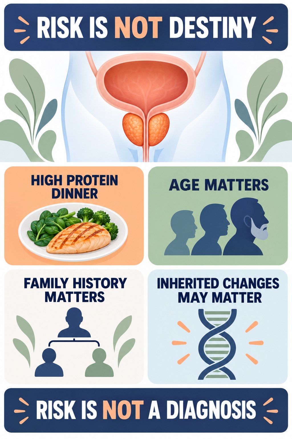 Family History and Risk Without Destiny infographic for High Protein Dinner with four concise prostate-health awareness points.