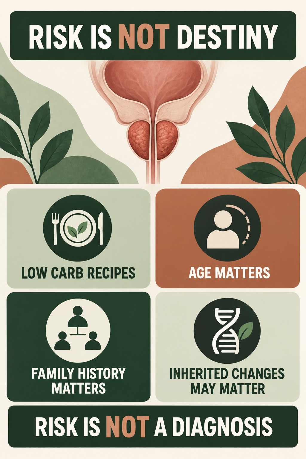 Family History and Risk Without Destiny infographic for Low Carb Recipes with four concise prostate-health awareness points.