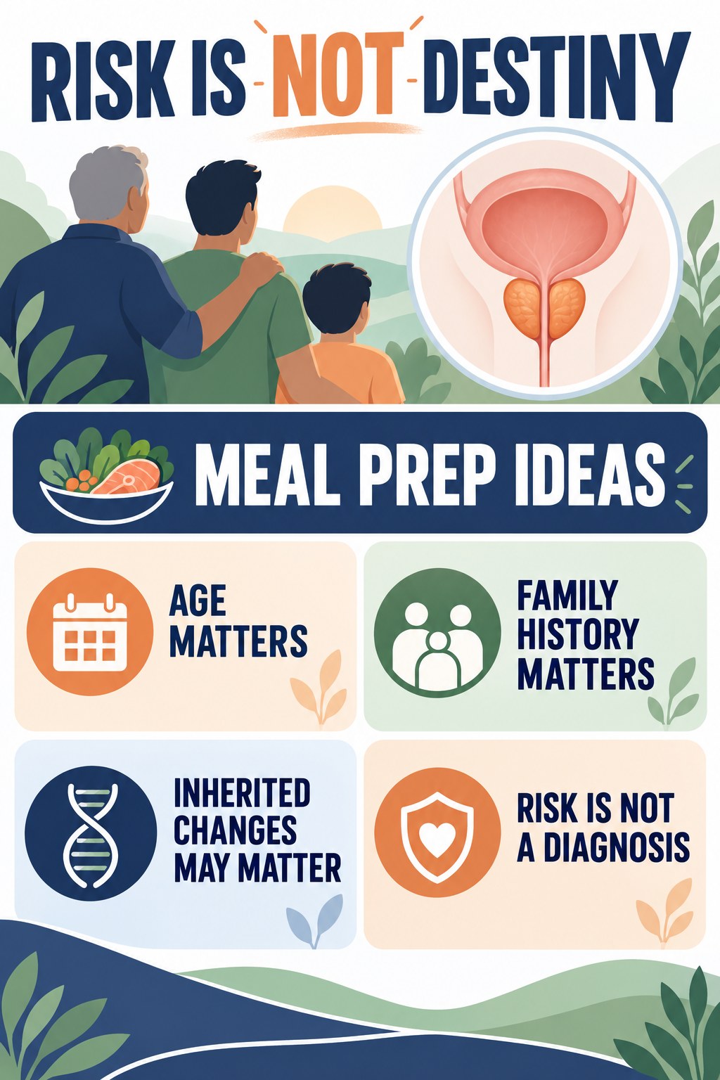 Family History and Risk Without Destiny infographic for Meal Prep Ideas with four concise prostate-health awareness points.