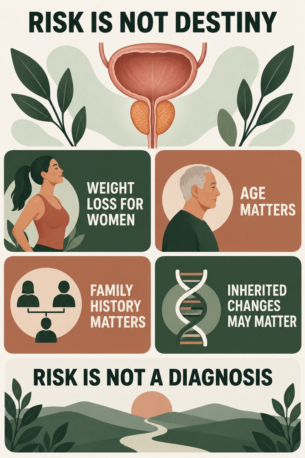 Family History and Risk Without Destiny infographic for Weight Loss for Women with four concise prostate-health awareness points.