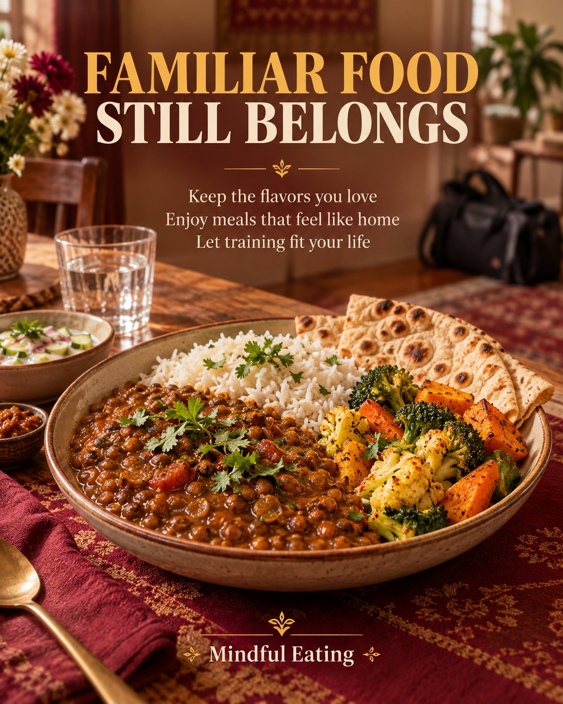 Lentil curry, rice and vegetables at a family table with a gym bag softly visible in the background.