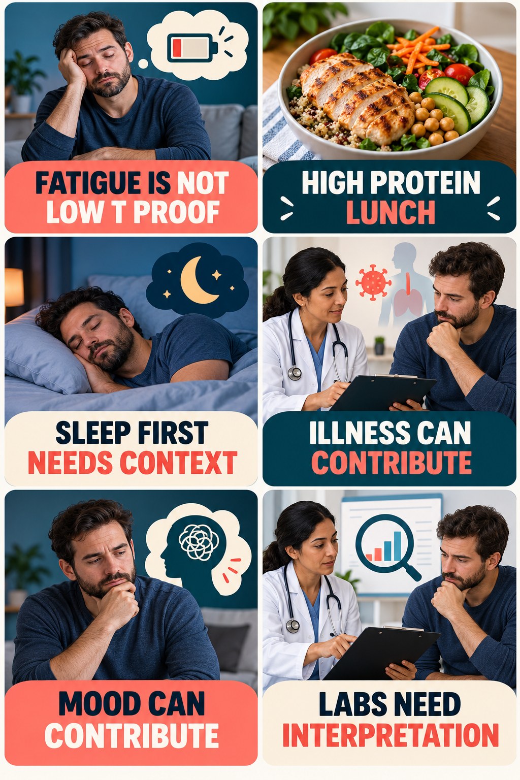 Fatigue Has Many Possible Causes testosterone-health-awareness infographic for High Protein Lunch with four concise educational checks.